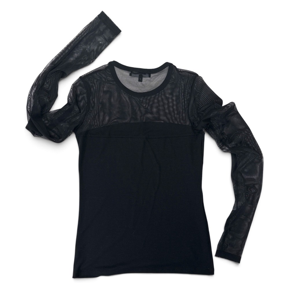 Anatomie Womens Black Mesh Sheer Yoke & Sleeves Top Crew Neck Slim Fit Large EUC